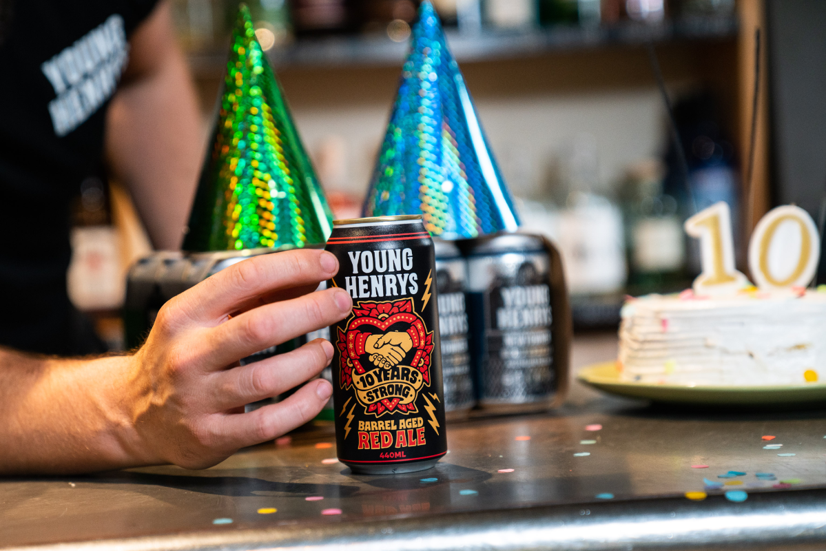 Young Henrys 10 Years Strong Red Ale can with birthday cake