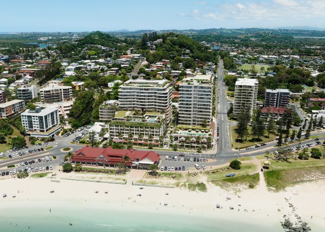 Aerial Render of finished Kirra Point Precinct including Stage one and two
